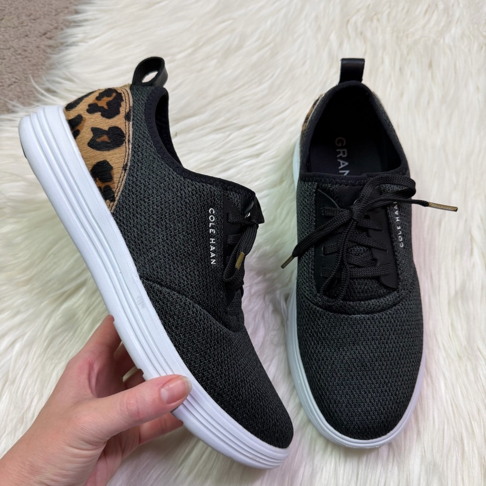 Cole Haan Grandsport Journey Knit Sneaker with Leopard Calf Hair Heel Size 10